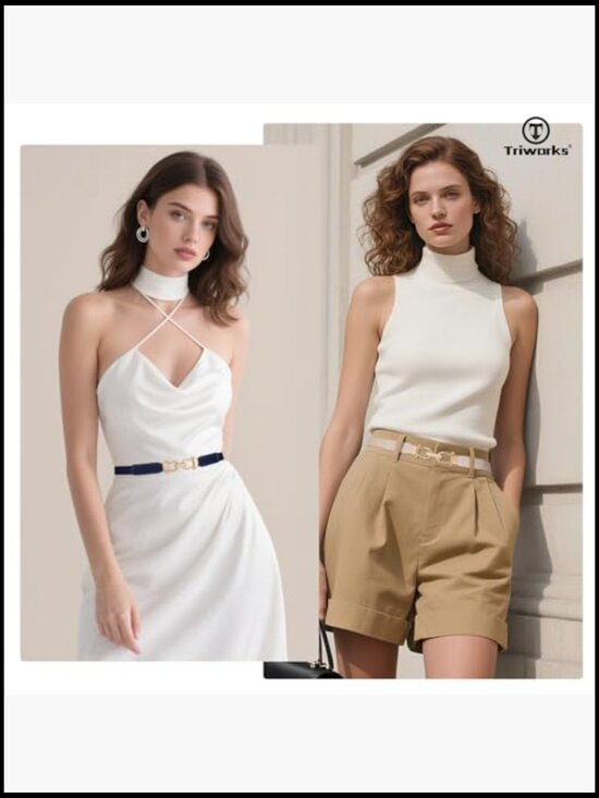 Skinny Elastic Belts Gold Buckle Thin Stretchy Waist Belts for Dresses